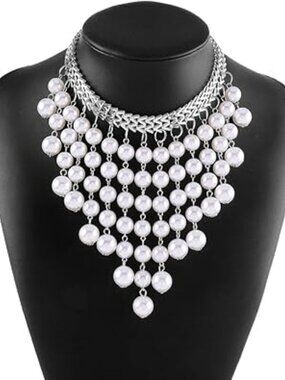 Long Strands Faux Pearl Statement Necklace Wedding Boho